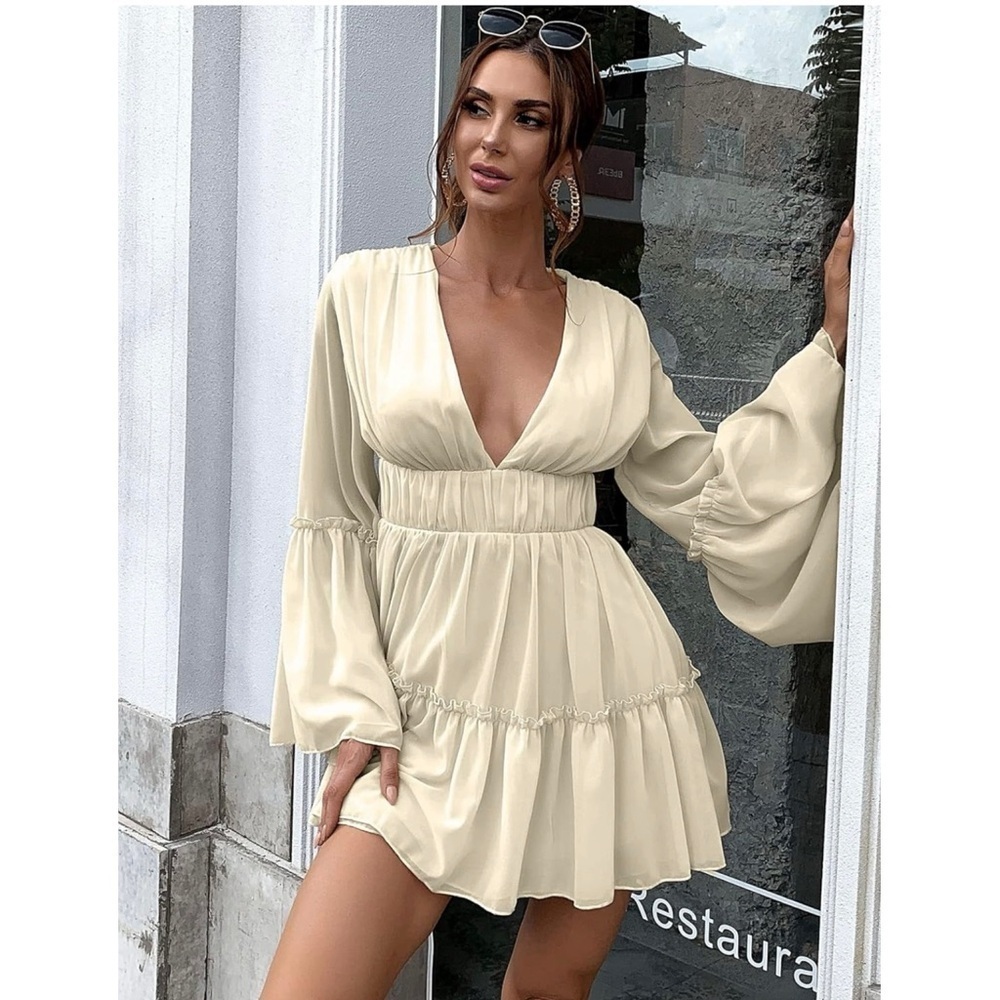 NWT Missord Cream Chiffon Ruffle Mini Dress XL Plunge V Neck Long Bell Sleeve - Picture 12 of 16